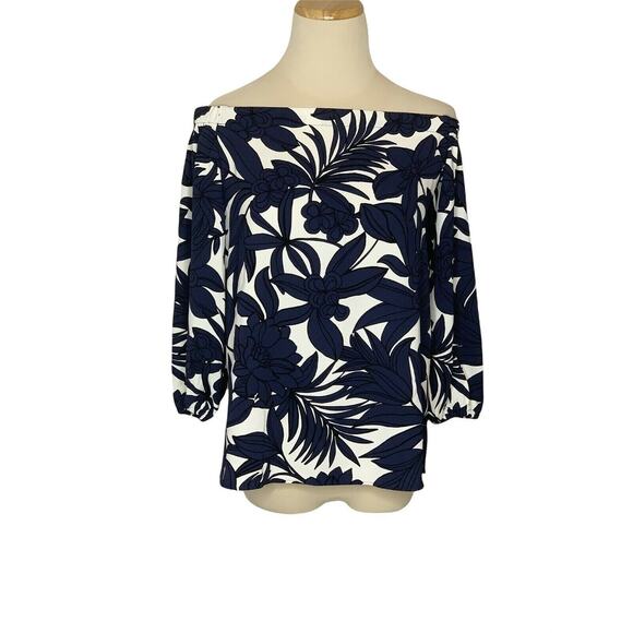Ann Taylor Blue White Floral Off Shoulder 3/4 Sleeves blouse XS - Picture 9 of 11
